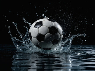 Naklejka premium A powerful soccer ball in splashes and waves of water on a black background in dynamics and movement