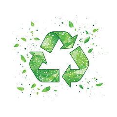 Green recycling logo with leaf accents.
