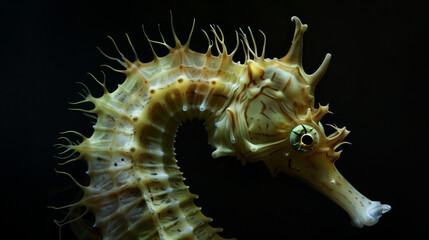 Close-up of a pale, spiny Thorny Seahorse isolated against a dark background.