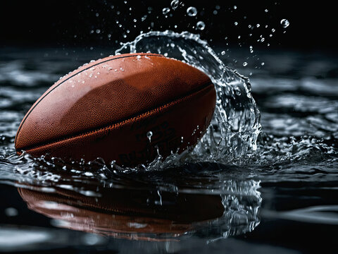 A powerful rugby ball in splashes and waves of water on a black background in dynamics and movement