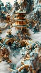 Obraz premium Jade carving landscape ancient building abstract illustration poster background