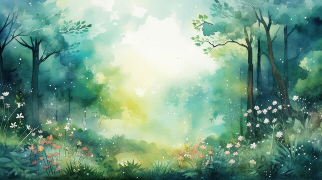 Mystical Forest. Dreamlike landscape. Colorful trees with delicate pastel palette. Empty, blank space.