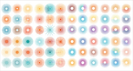 Obraz premium Set of geometric circular ornament, Colorful sunburst element radial stripes, Colorful sunburst element radial stripes white background, Sunburst vector element, Abstract sunburst vector illustration