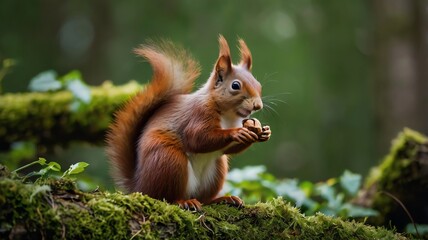 Obraz premium A red squirrel eating a nut on moss.