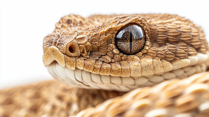 A close-up of a venomous rattlesnake, super detailed scales, eyes reflect the danger of a cold-blooded individual.
