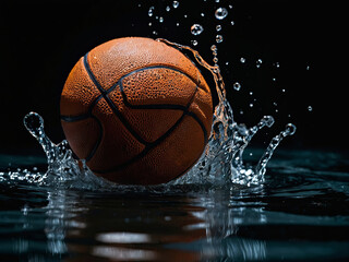 A powerful basketball in splashes and drops and waves of water on a black background in dynamics and movement