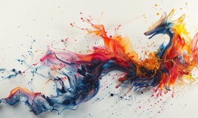 A colorful dragon is depicted in a painting with a splash of blue, red