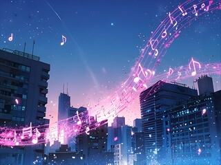  skyscrapers of the evening city at sunset with magical notes of music AI generated