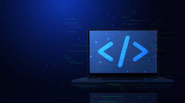 Abstract programming code icon on a laptop screen in light blue low poly futuristic style on technology background.