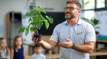 A teacher with glasses holding a potted plant, enthusiastically teaching in a classroom filled with children, symbolizing growth, education, and environmental consciousness.