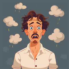 Surprised man surrounded by clouds.