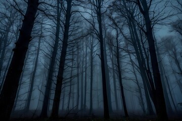 Obraz premium night in the forest trees without foliage and thick fog AI generated