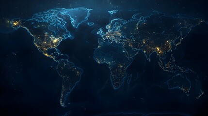 Illuminated World Map with Glowing Continent Outlines in Dark Mode