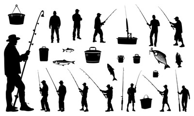 Obraz premium Set of fishermen and fishing equipment silhouette vector illustration
