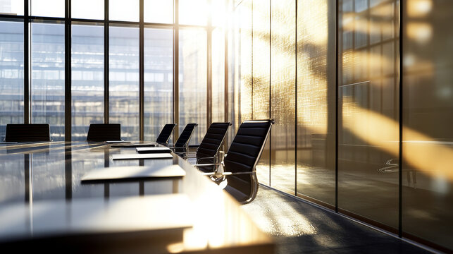 A meeting area in a newly designed office building for a small business, featuring modern and functional elements. The space includes a sleek conference table with comfortable chairs, large windows al