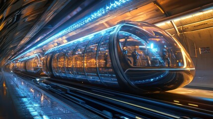 A futuristic subway system featuring a sleek, transparent pod-like train, traveling through an illuminated tunnel, showcasing advanced transportation technology