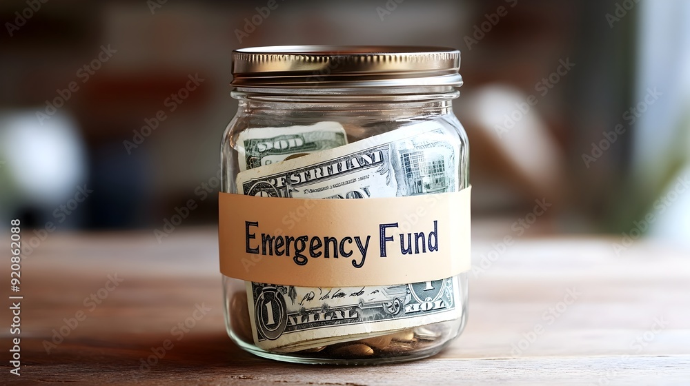 Wall mural jar labeled emergency fund with limited cash inside for financial security