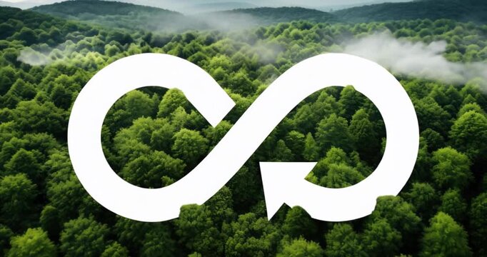 circular economy green economics, environmentally sustainable business, reforestation concept, esg environmental social governance. circular arrow in front of forest tree tops in slow motion