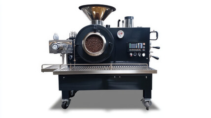 Fototapeta premium A professional coffee bean roasting machine, typically featuring a sleek, industrial design. It includes a rotating drum for even roasting, temperature controls, and a cooling tray