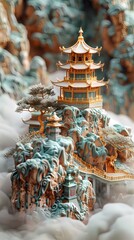 Obraz premium Jade carving landscape ancient building abstract illustration poster background