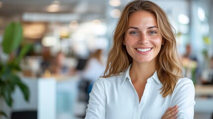 A young woman is standing confidently, smiling in a modern office setting. She is wearing business attire, suggesting professionalism, and the atmosphere is dynamic and inviting.