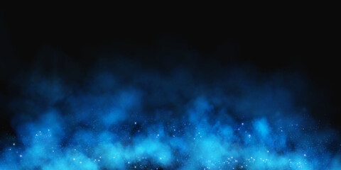 Obraz premium Fantastic smoke background. Magic smoke with glitter and small particles of twinkling stars, fog with luminous particles, blue vapor with stardust. Vector illustration. 