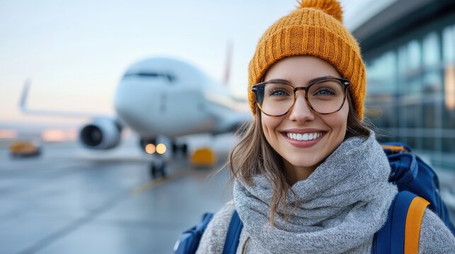 A smiling traveler wearing glasses, a mustard knit hat, and a gray scarf, standing at the airport, ready for a winter journey with an airplane in the background.