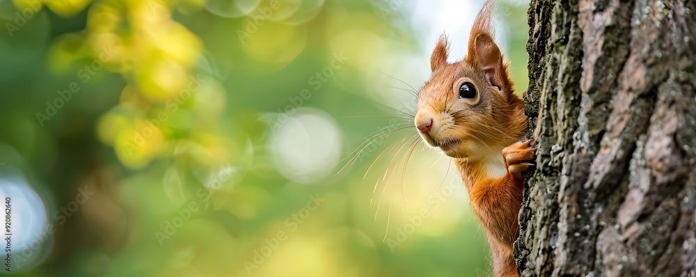 Poster red squirrel peeking from behind a tree trunk