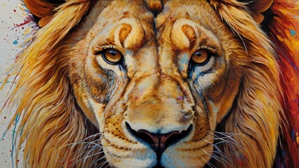 A painting of a lion's face.