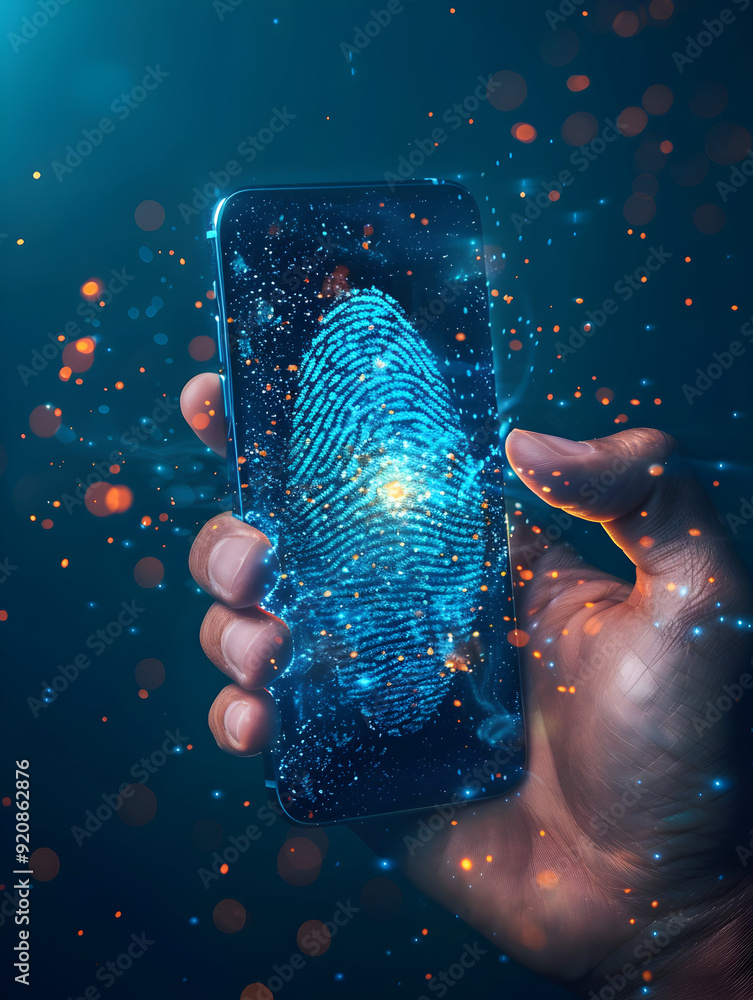 Poster person using smartphone to scan fingerprint for mobile banking concept with clean background.