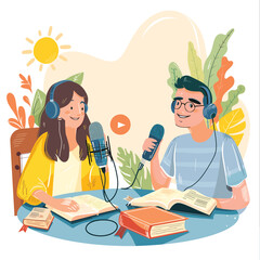 A man and a woman podcasting with microphones