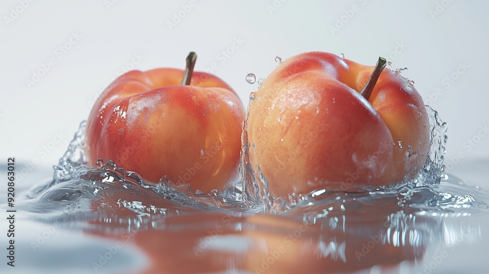 Poster fresh red apples splashing in clear water against a soft background