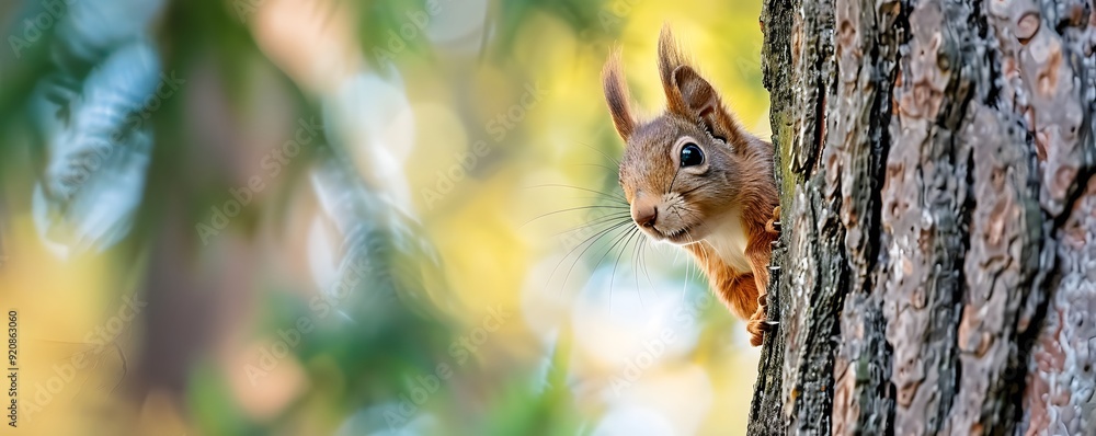 Poster red squirrel peeking from behind a tree trunk