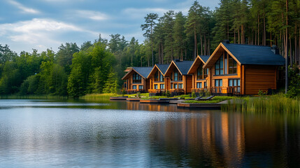 Charming wooden cabins by a serene lake, surrounded by lush trees and reflecting calm waters under a cloudy sky.