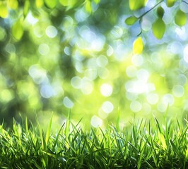 Obraz premium Close-up of vibrant green grass blades in focus against a bokeh background of soft, green, and white circles.