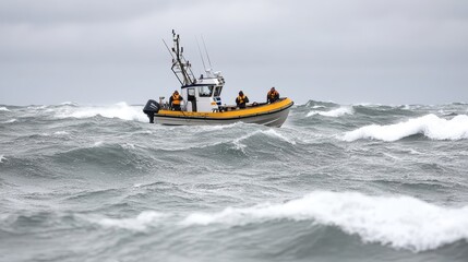 Fishermen collaborate on deck amidst stormy weather in Iceland, catching fish while navigating the turbulent sea waters