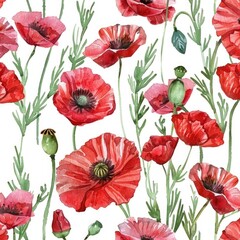 Watercolor Poppy Bouquet Pattern. Seamless Hand-Painted Floral Illustration