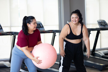 gymnastic ball. beautiful young chubby overweight woman in sportswear doing exercise indoors at gym fitness sport club, body and health care