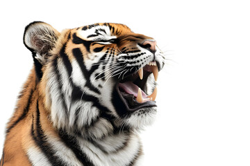 Fototapeta premium Majestic tiger roaring, showcasing its fierce beauty and powerful presence against a white background.