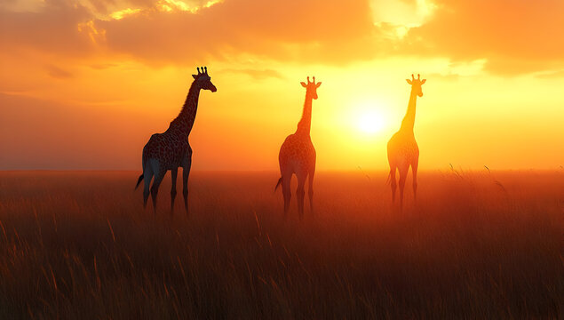 Three giraffes silhouetted against a vibrant sunset, standing tall in a golden savannah landscape, creating a serene wildlife scene.