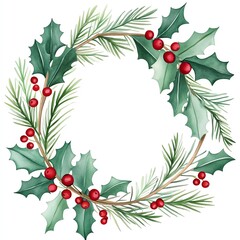 Elegant holiday wreath adorned with holly, pine, and berries, perfect for seasonal decorations and festive designs.