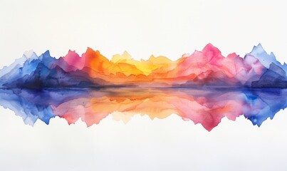 A painting of mountains and a lake with a sunset in the background