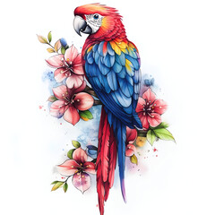 Fototapeta premium Brightly colored parrot perched among blooming flowers, showcasing vivid hues and intricate details in a beautiful nature illustration.