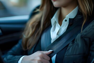 Female Driver and Passenger Buckling Seatbelts in a Car, Emphasizing Safety and Responsibility