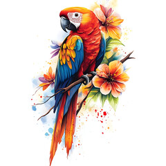 Obraz premium Vibrant parrot perched among colorful flowers, showcasing a stunning blend of colors and artistic detail.