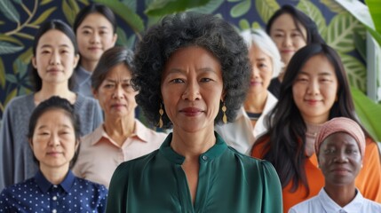 Obraz premium A group of women are standing together, one of them is wearing a green shirt