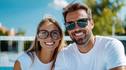 Obraz premium A cheerful couple in sunglasses posing happily at a tennis court during a sunny day, both dressed in white attire, enjoying the outdoor environment together.