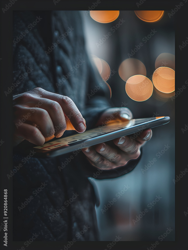 Poster photo realistic person using banking app on tablet with plain background for text or design photo st