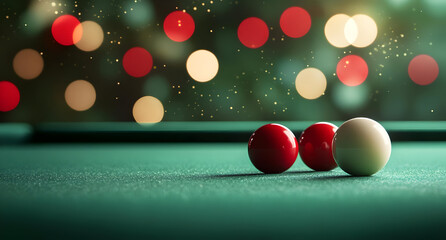 Close-up of billiard balls on a green table with blurred colorful lights in the background, creating a festive atmosphere.