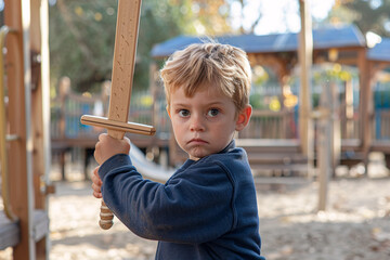 Small boy child playing with wooden toy sword on playground